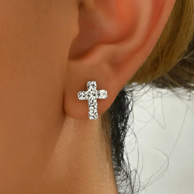 Cubic Zirconia Cross Stud Post Stainless Steel Earrings
