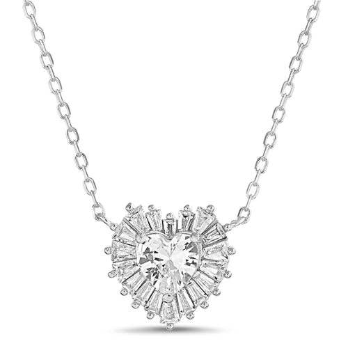 Sterling Silver Cubic Zirconia Heart Baguette Halo Necklace