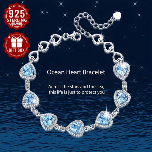 S925 💙Ocean Heart  💙  Blue Aquamarine Blue Topaz & White Cubic Zirconia Tennis  Bracelet