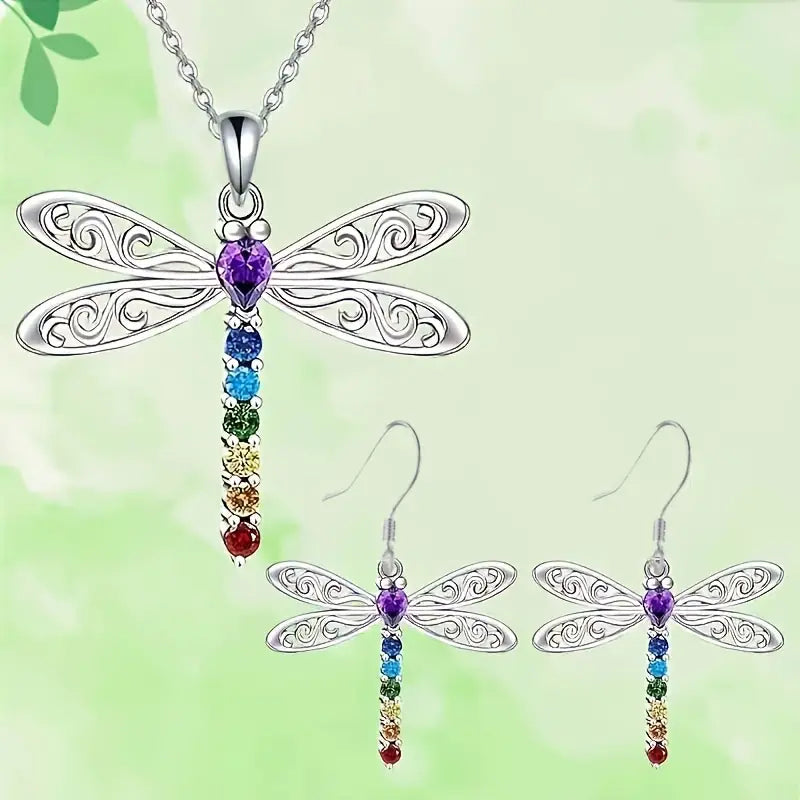 Dragonfly Cubic Zirconia Multicolor Necklace and Earring Set