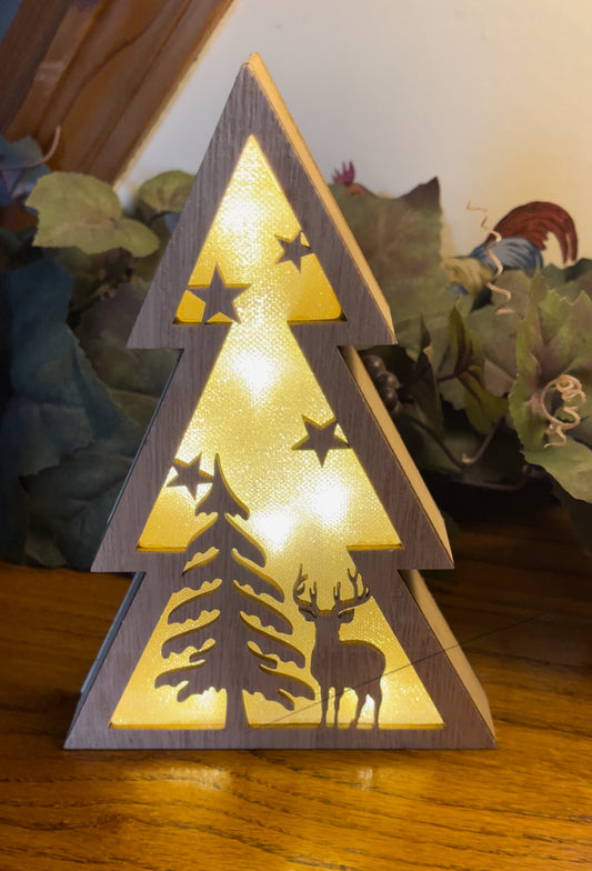 Christmas Wooden Tree with Deer / Reindeer Tabletop W Lights