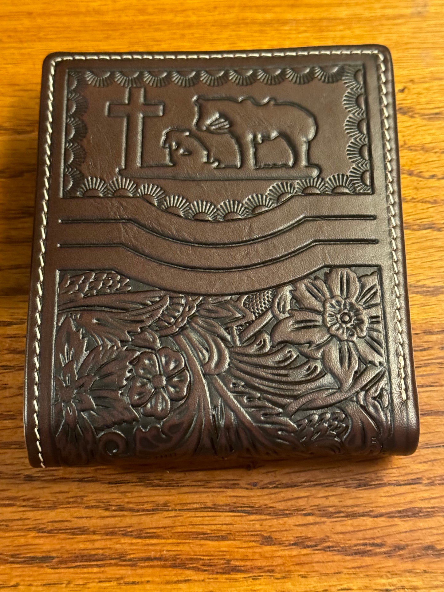Cowboy Cross Themed Mens Hand-tooled Leather Bifold Wallet