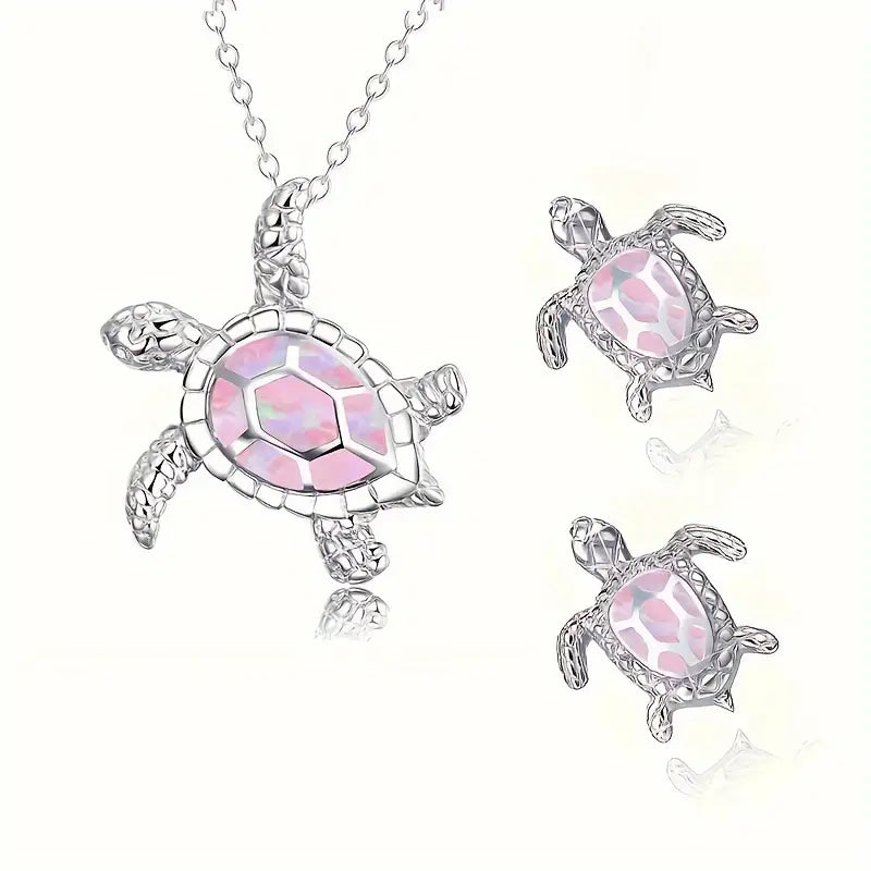 Pink Ocean Tide Turtle Necklace and Earring Set