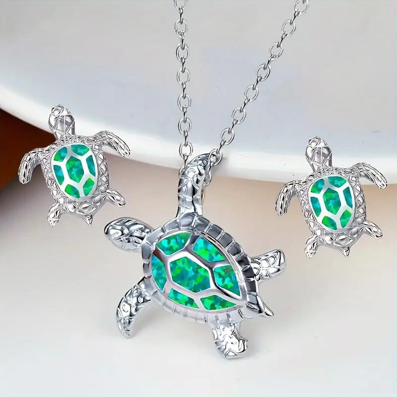 Green Ocean Tide Turtle Necklace and Earring Set