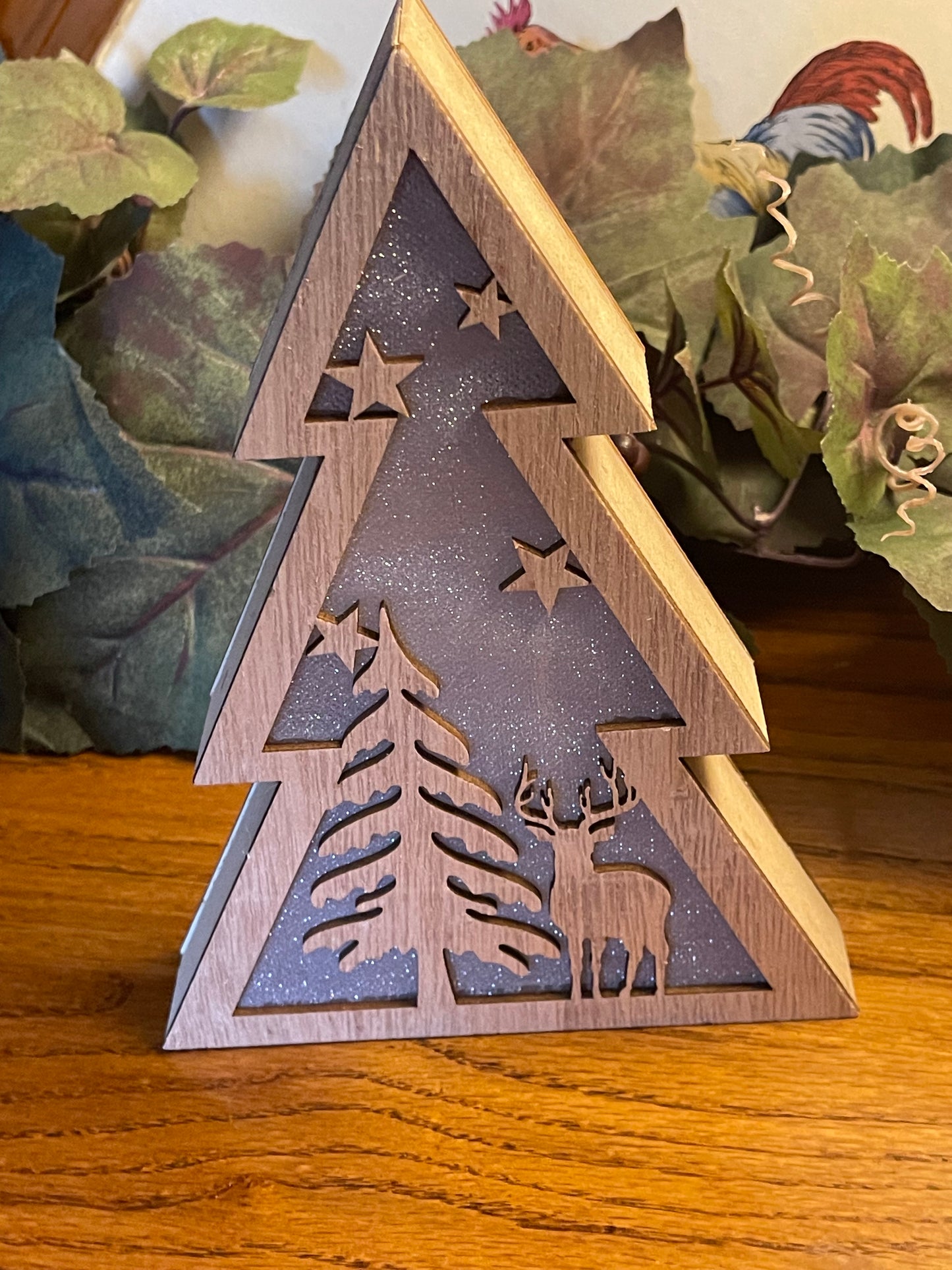 Christmas Wooden Tree with Deer / Reindeer Tabletop W Lights