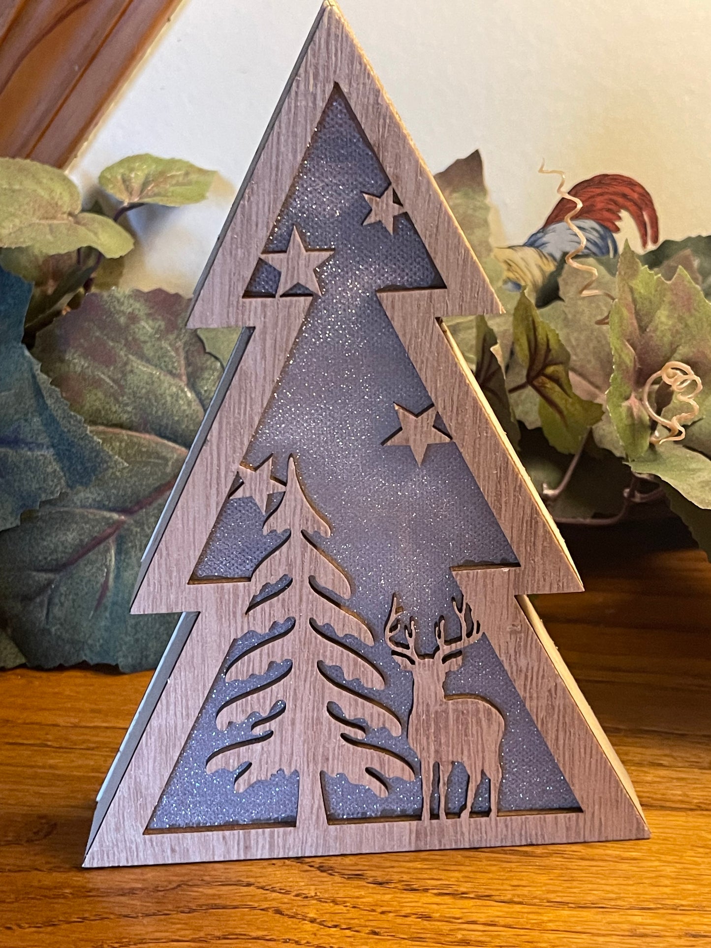 Christmas Wooden Tree with Deer / Reindeer Tabletop W Lights