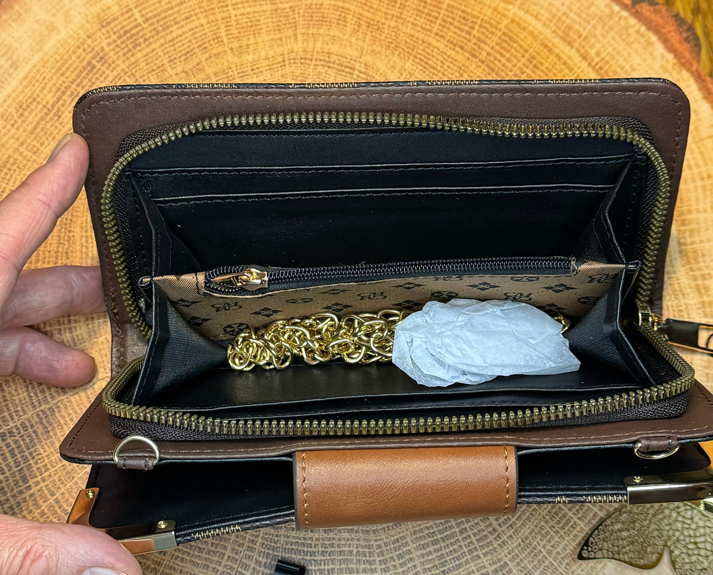Brown Coffee Monogram Crossbody Wallet