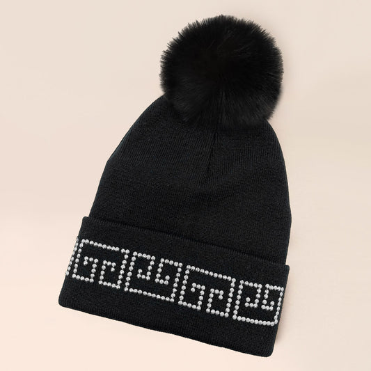 Bling Greek Pattern POM POM Gold or Silver Beanie Hat