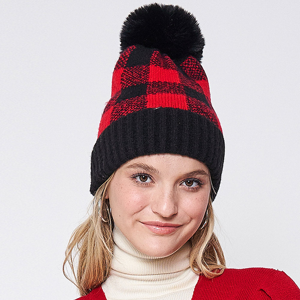 Red Buffalo Check Pattern Pom Pom  Beanie Hat
