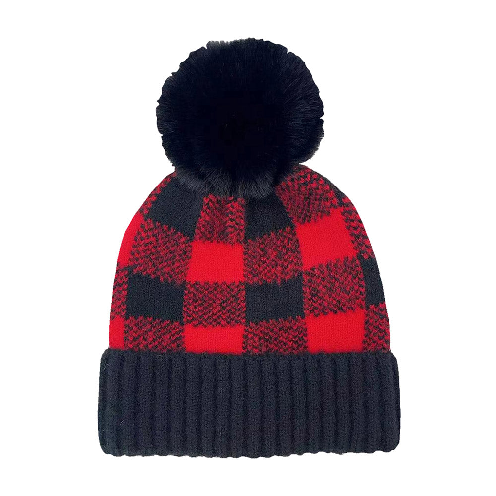 Red Buffalo Check Pattern Pom Pom  Beanie Hat