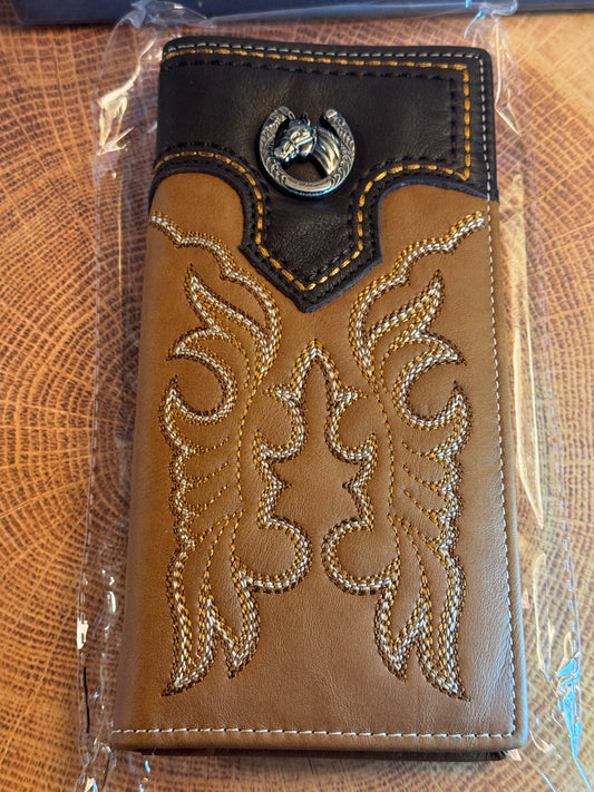 Ladies Mens  Hand-tooled Leather Bifold Checkbook Wallet ~ Brown