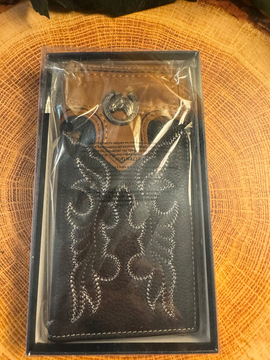 Ladies Mens  Hand-tooled Leather Bifold Checkbook Wallet ~ Black