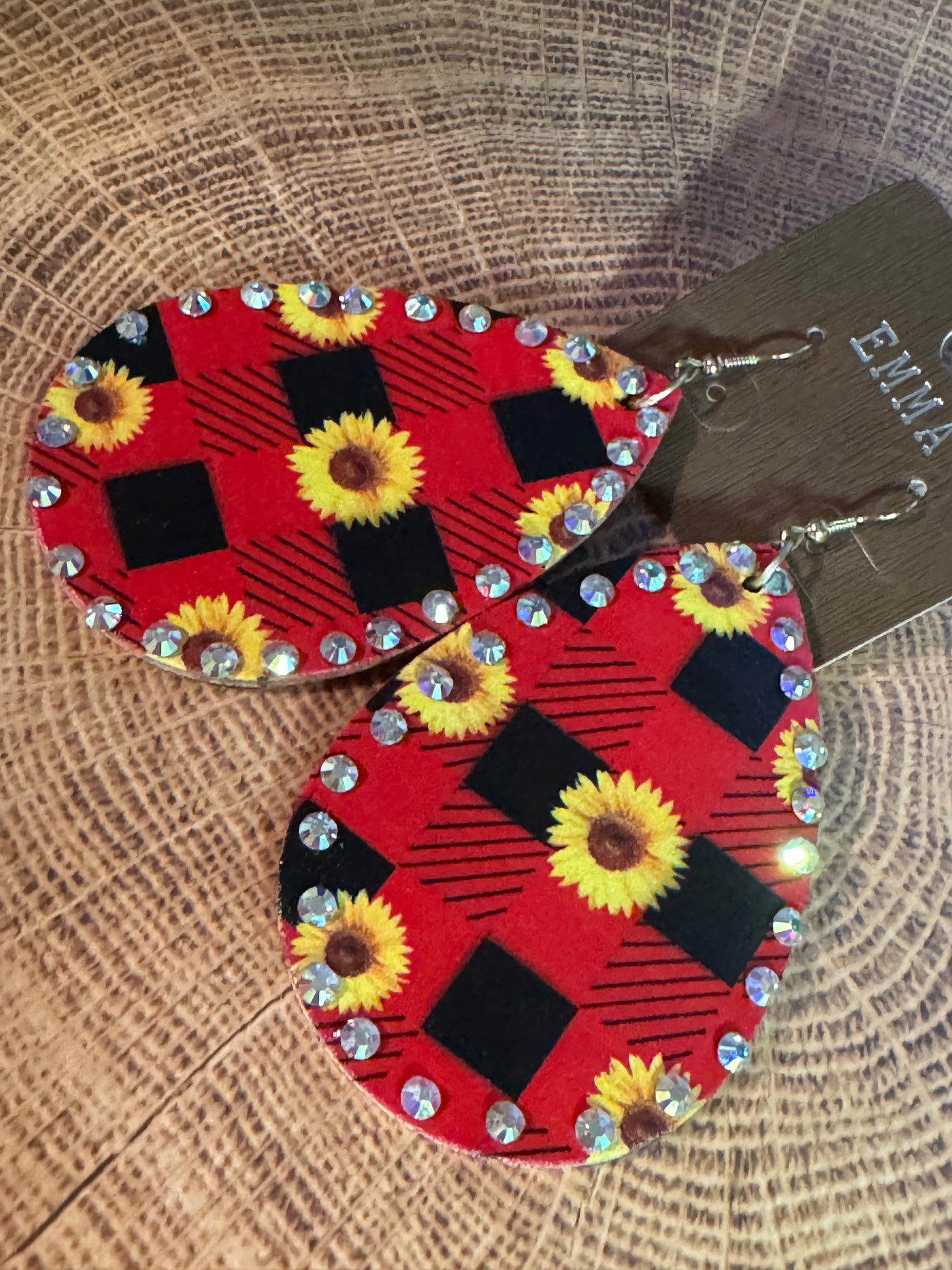 Red Plaid Sunflower Iridescent Earrings