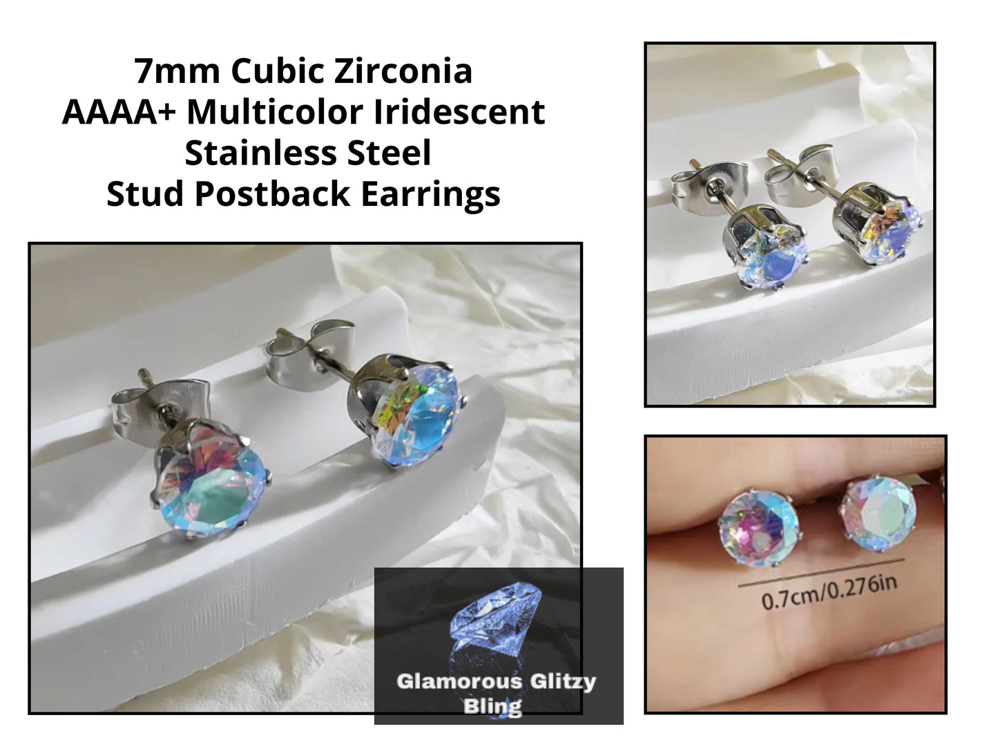7 mm Iridescent Cubic Zirconia Stud Post Stainless Steel Earrings