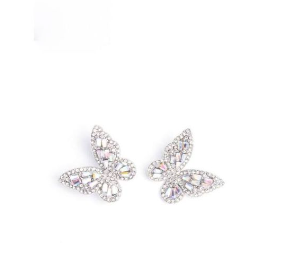 Butterfly Iridescent Pastel Oil Spill and White Crystal Post Back Earrings