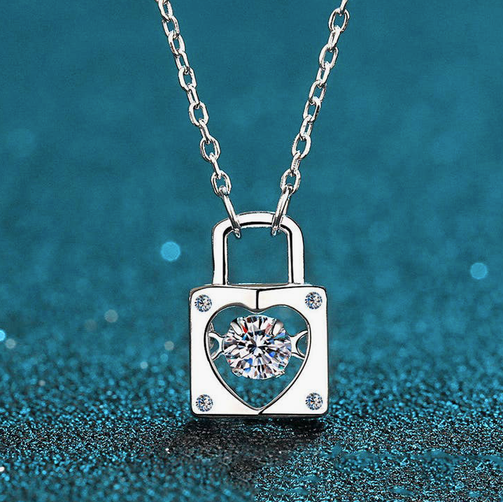 Moissanite Heart Lock Charm Necklace in 925 Sterling Silver
