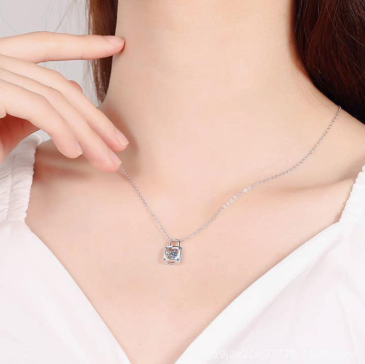 Moissanite Heart Lock Charm Necklace in 925 Sterling Silver