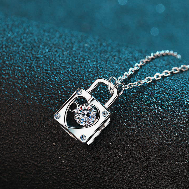 Moissanite Heart Lock Charm Necklace in 925 Sterling Silver