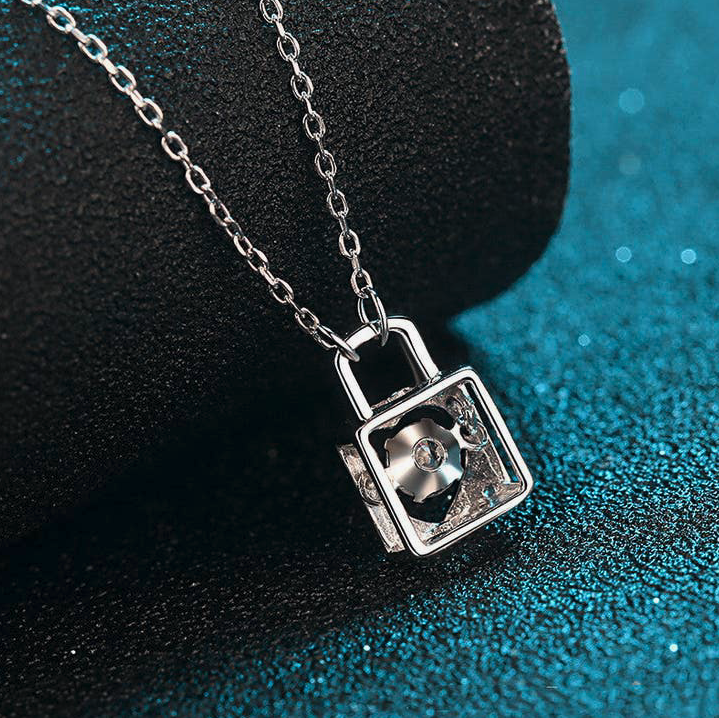 Moissanite Heart Lock Charm Necklace in 925 Sterling Silver