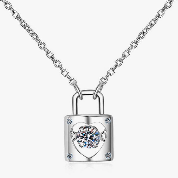 Moissanite Heart Lock Charm Necklace in 925 Sterling Silver