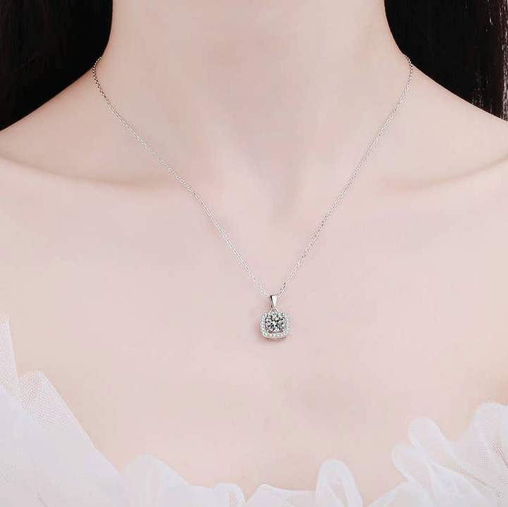 Four-Prong Halo Moissanite Necklace in 925 Sterling Silver