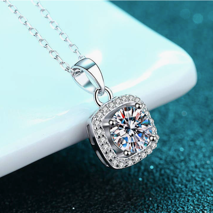 Four-Prong Halo Moissanite Necklace in 925 Sterling Silver