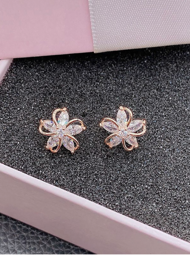Cubic Zirconia Flower Post Back Stud Earrings