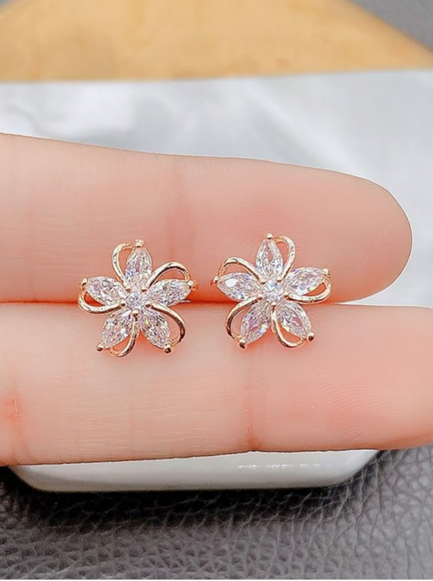 Cubic Zirconia Flower Post Back Stud Earrings