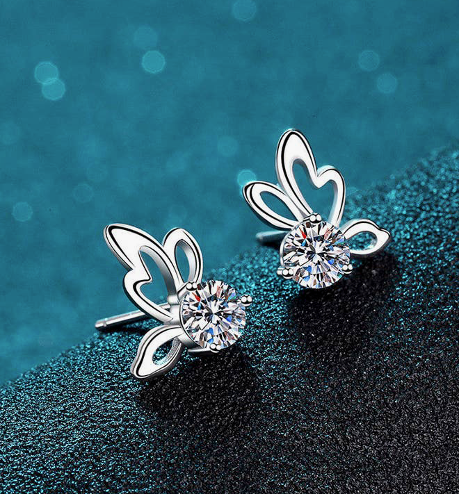 Butterfly Moissanite Stud Earrings on 925 Sterling Silver ( Certified )