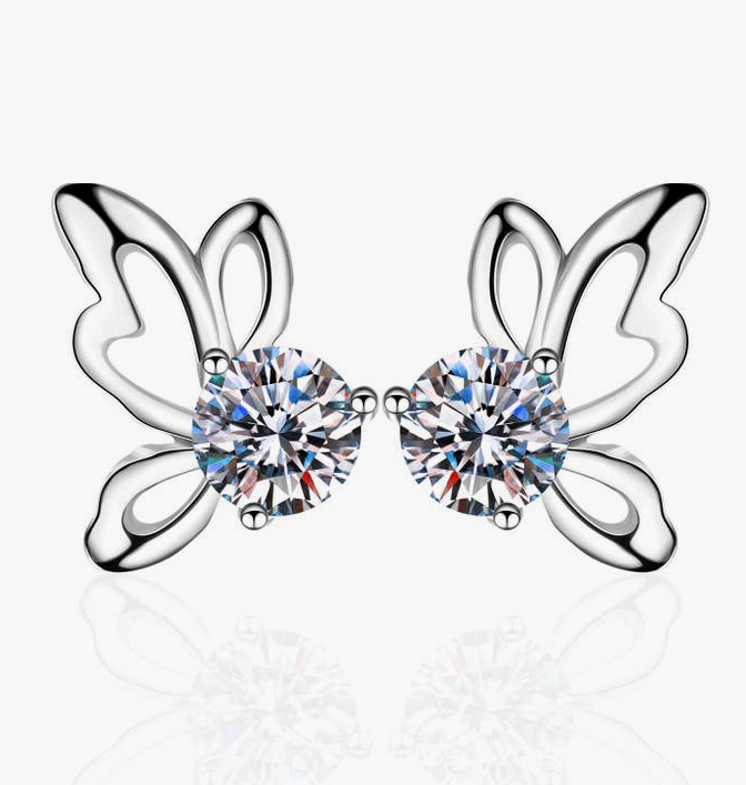 Butterfly Moissanite Stud Earrings on 925 Sterling Silver ( Certified )