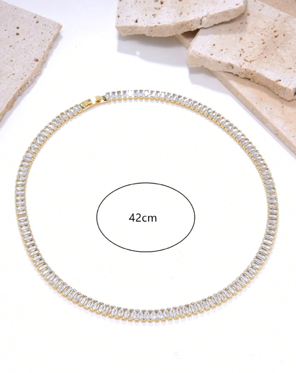 CUBIC ZIRCONIA EMERALD CUT FINE GOLD TITANIUM STAINLESS STEEL CHOKER  NECKLACE  ~  15.7"