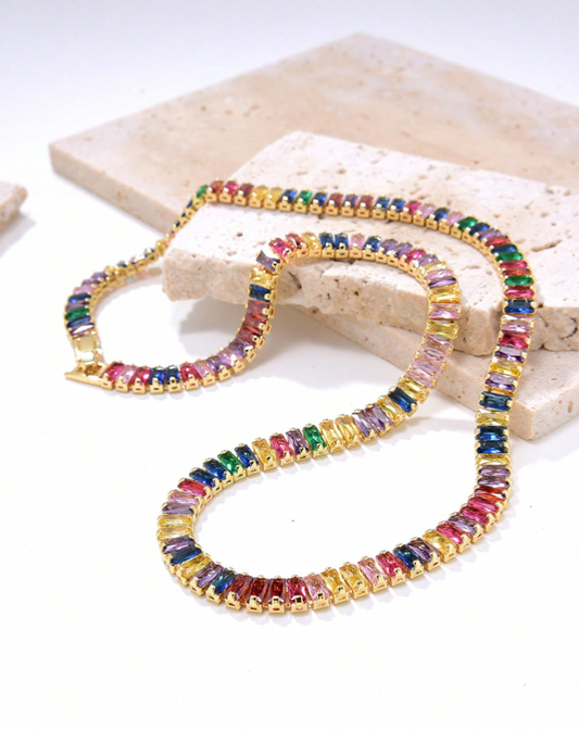 Sparkling Rainbow Cubic Zirconia Gold Plated Tennis Necklace on Titanium Stainless Steel