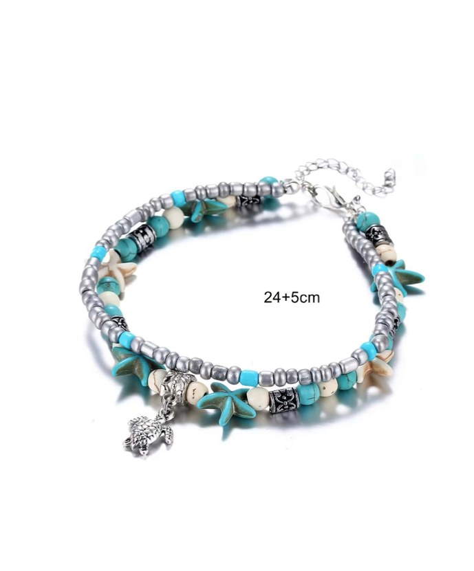 Beach Starfish Turtle Charm Beaded Ankle Bracelet