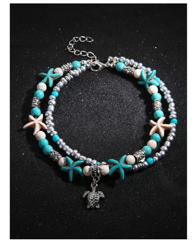 Beach Starfish Turtle Charm Beaded Ankle Bracelet