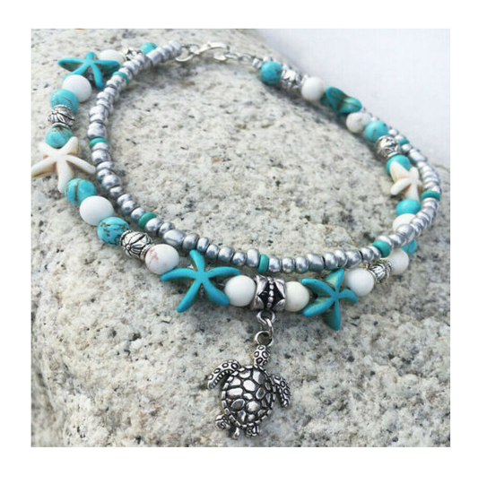 Beach Starfish Turtle Charm Beaded Ankle Bracelet