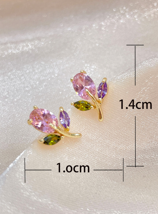 Pink Multicolor Cubic Zirconia Flower Post Back Earrings