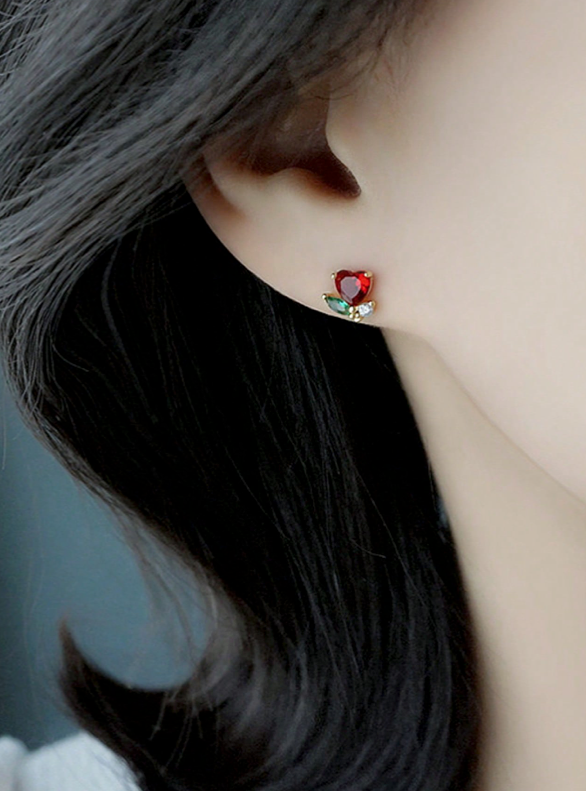 Red Multicolor Cubic Zirconia Flower Post Back Earrings