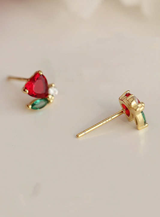 Red Multicolor Cubic Zirconia Flower Post Back Earrings