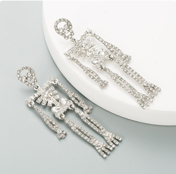 Halloween Skeleton White Crystal Post back Silver Earrings
