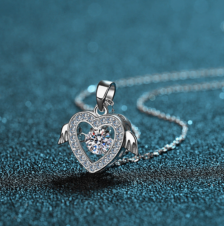 Dancing Moissanite Heart Necklace in 925 Sterling Silver ( Certified )