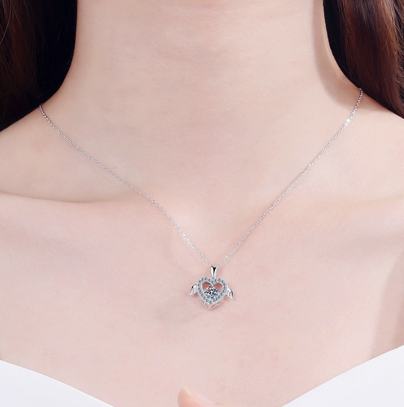 Dancing Moissanite Heart Necklace in 925 Sterling Silver ( Certified )