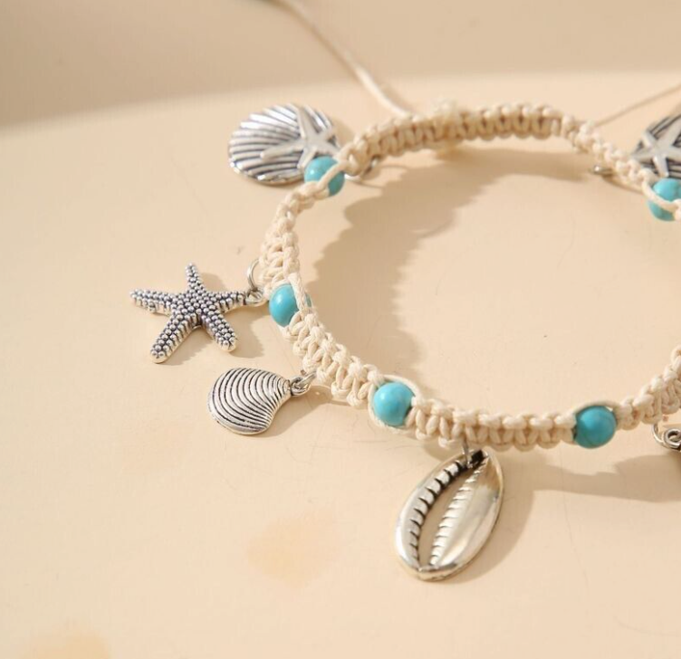 Sea Shell Blue Turquoise Crackle Stone with Beads Ankle Bracelet