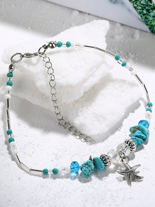 Starfish Hunt Charm Blue Turquoise Crackle Stone with Beads Ankle  Bracelet