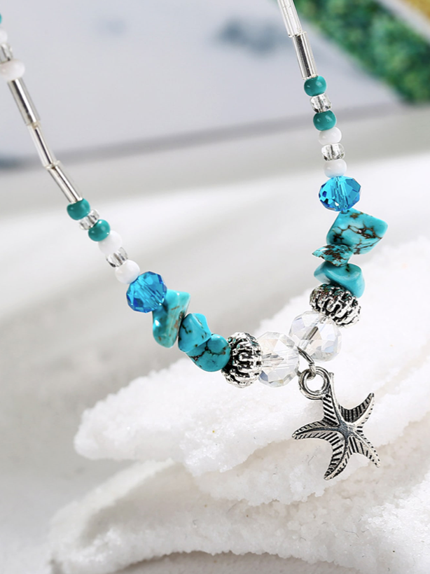Starfish Hunt Charm Blue Turquoise Crackle Stone with Beads Ankle Bracelet