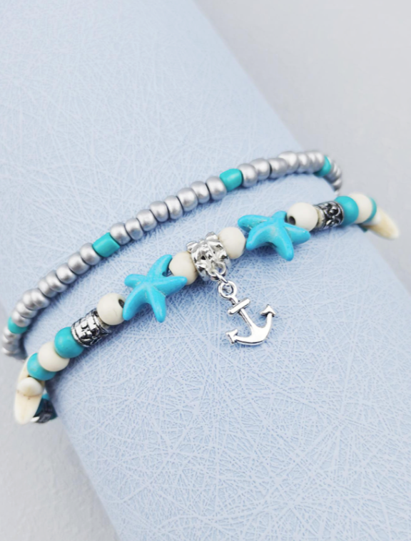 Anchor Charm Blue Turquoise Crackle Stone with Beads Ankle Bracelet