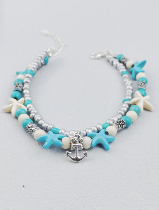Anchor Charm Blue Turquoise Crackle Stone with Beads Ankle  Bracelet