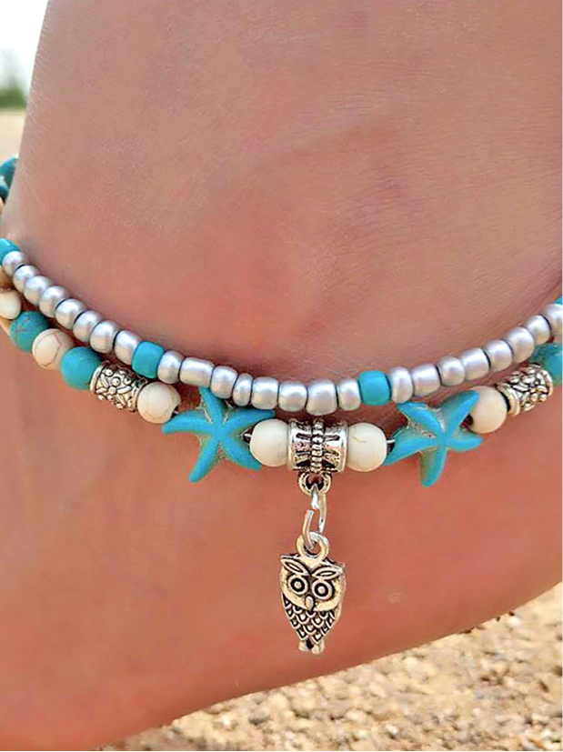 Owl Starfish Charm Beaded Ankle Bracelet