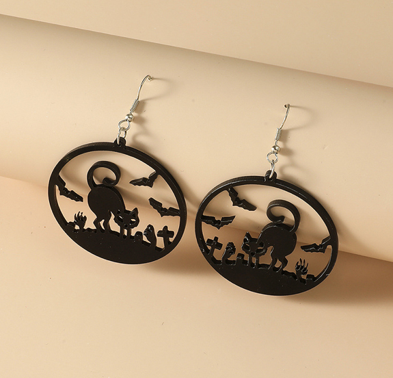 Halloween Black Cat Bat Hoop Earrings