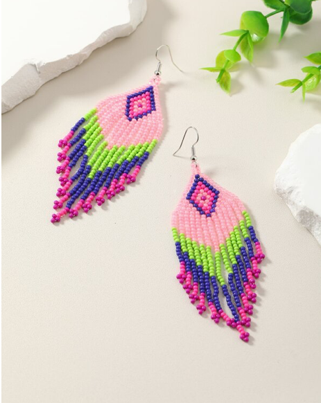 Boho Multicolor Pink HANDMADE Tribal Seed Beads Earrings