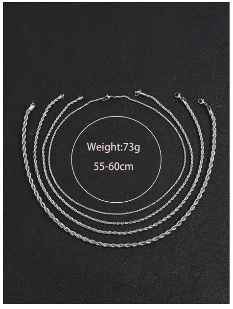 Unisex Stainless Steel 4 piece Twisted Rope Chain Necklace  Set